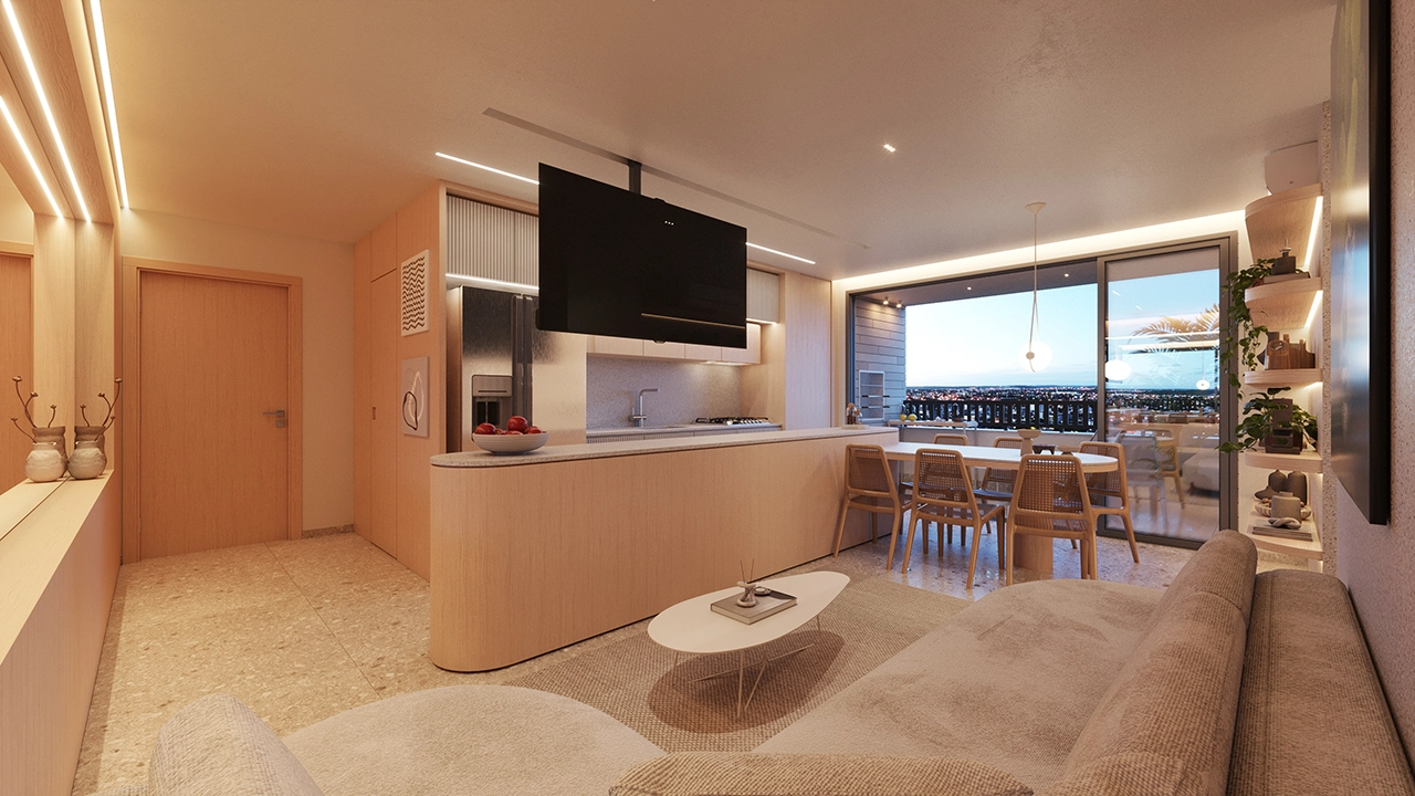 LIVING INTEGRADO COM COZINHA E VARANDA - 2S - 88M²