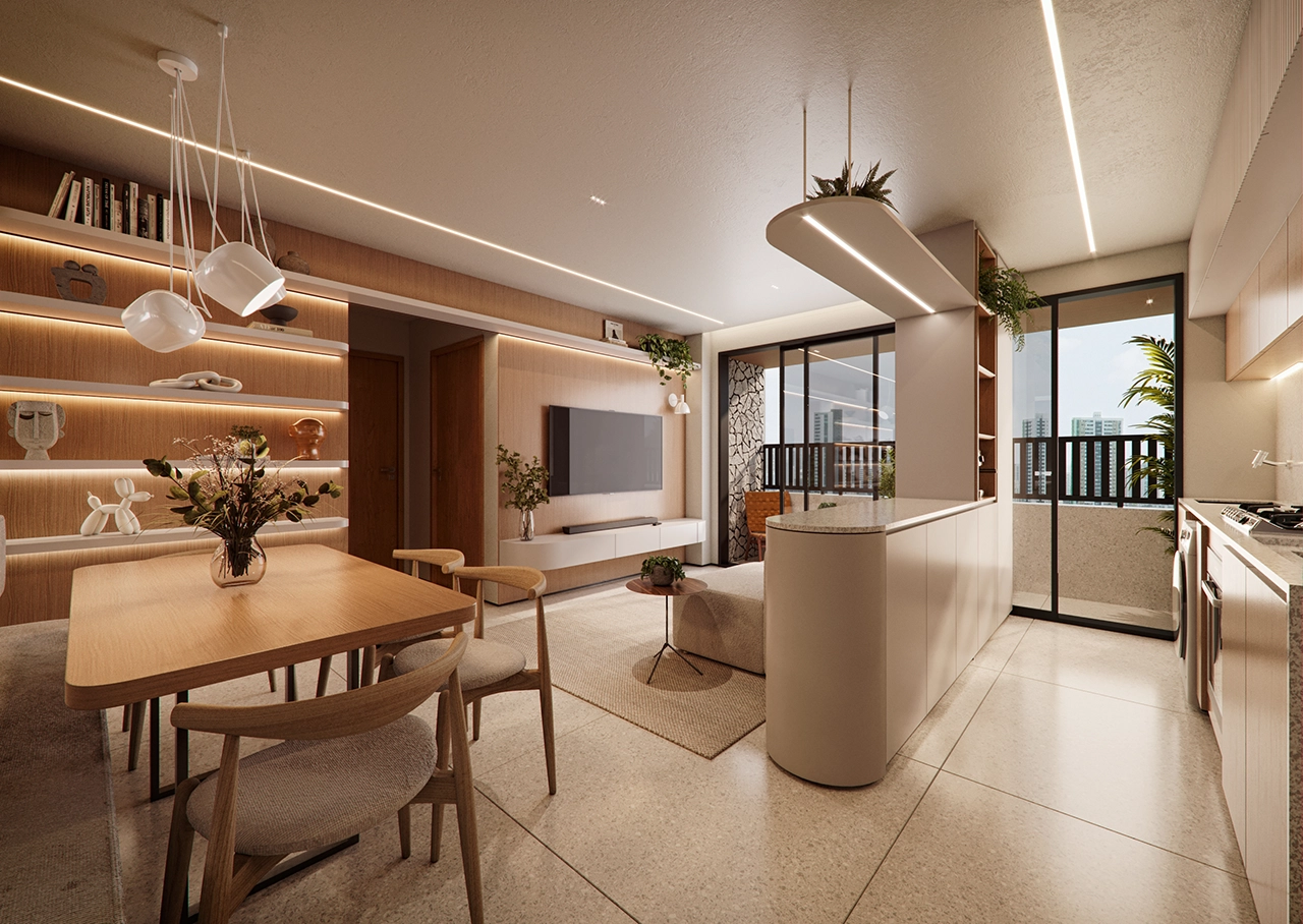 LIVING INTEGRADO COZINHA E VARANDA BALCÃO - 2S - 68m²