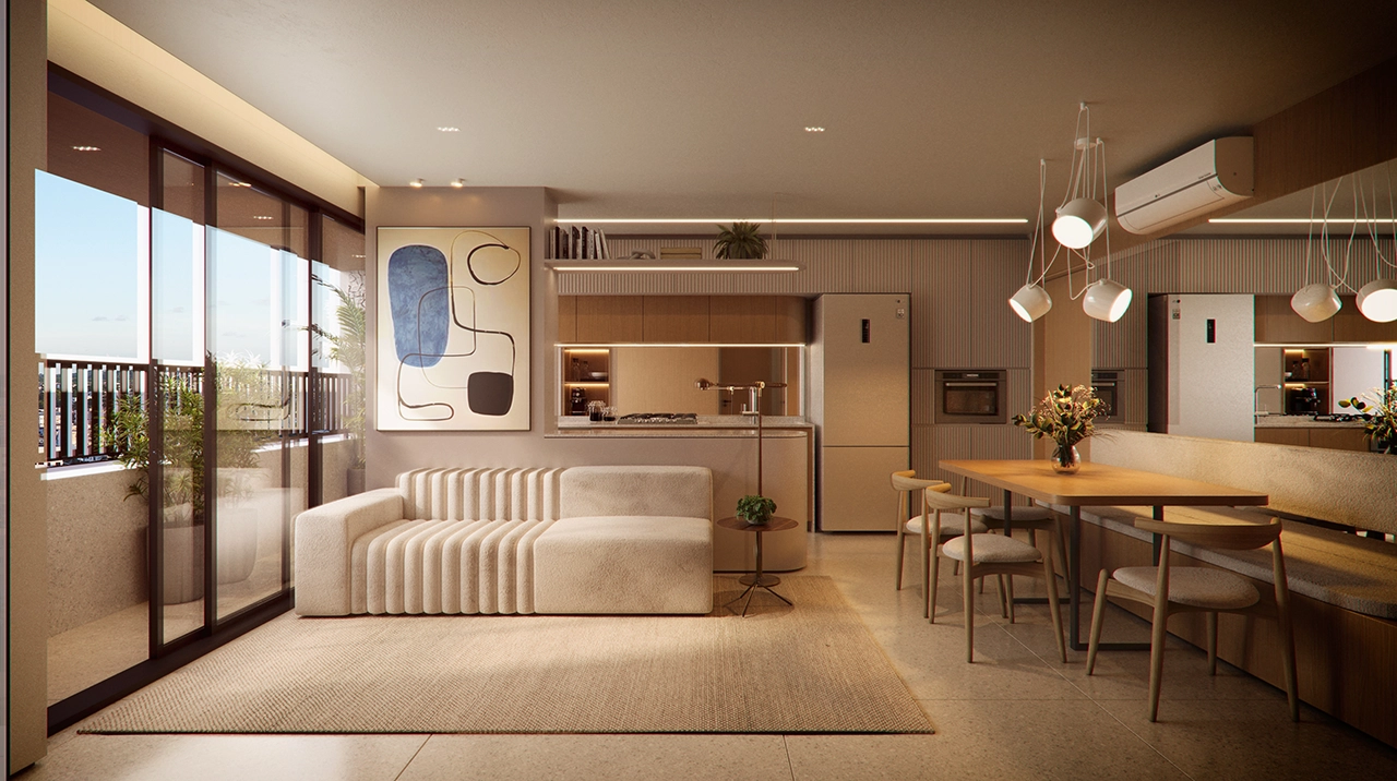 LIVING INTEGRADO COZINHA E VARANDA BALCÃO - 2S - 68m²